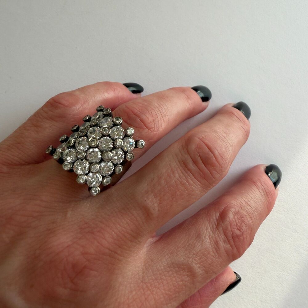 Cluster Rhinestone Pavé Statement Ring Silver Tone Glam Punk Unisex Sz 6.25